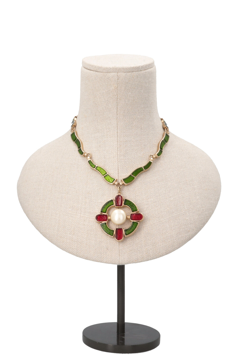 CHANEL 2007 Gripoix Cross Necklace Green Gold