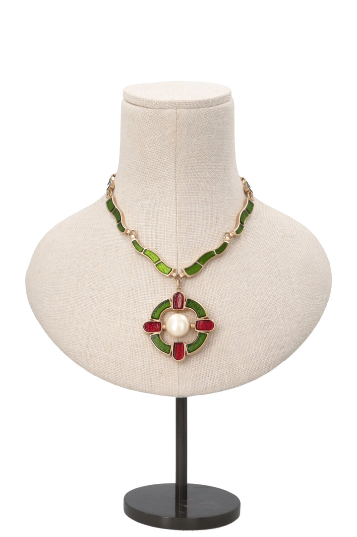 CHANEL 2007 Gripoix Cross Necklace Green Gold