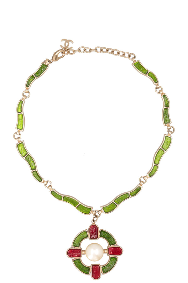 CHANEL 2007 Collier croix Gripoix Vert Or
