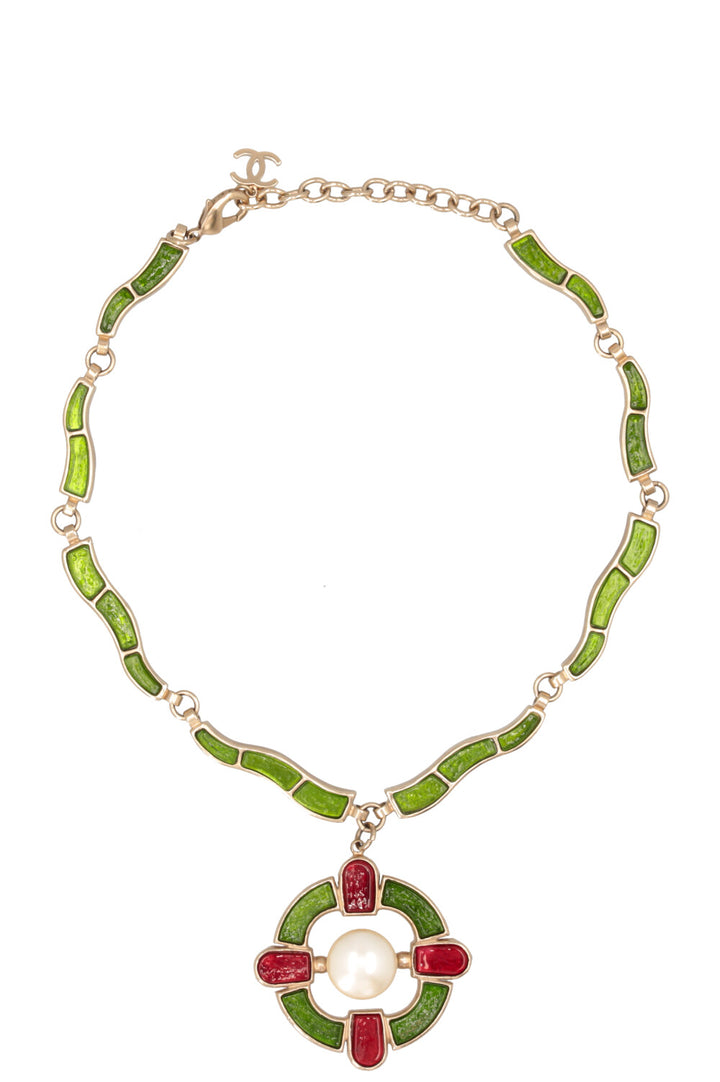 CHANEL 2007 Gripoix Cross Necklace Green Gold