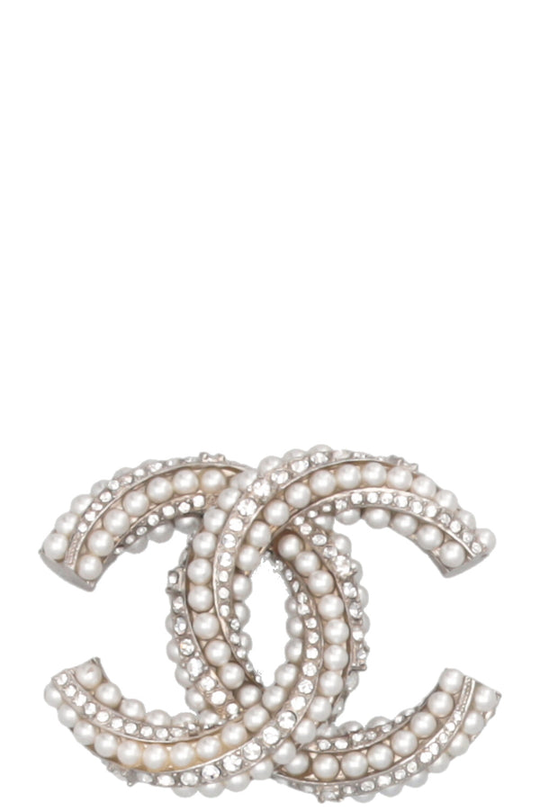 CHANEL 2020 CC Crystal Pearl Brooch Silver