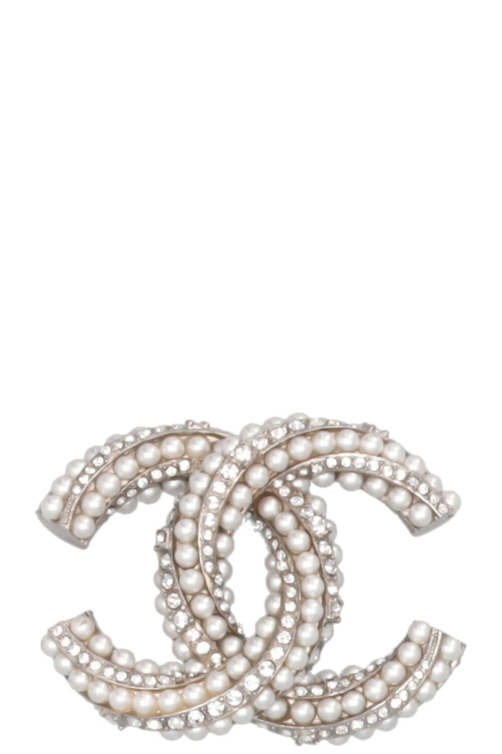 CHANEL 2020 CC Crystal Pearl Brooch Silver