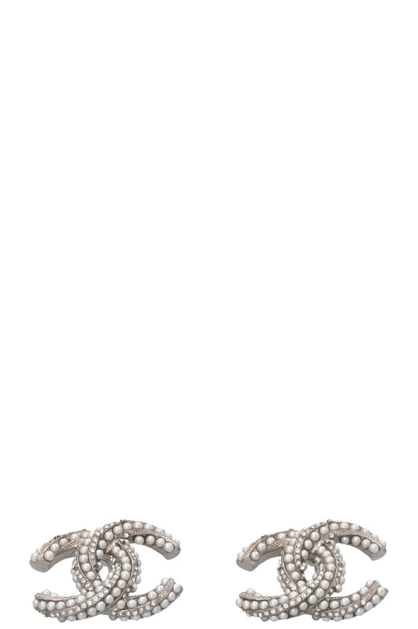 CHANEL 2020 CC Crystal Pearl Earrings Silver