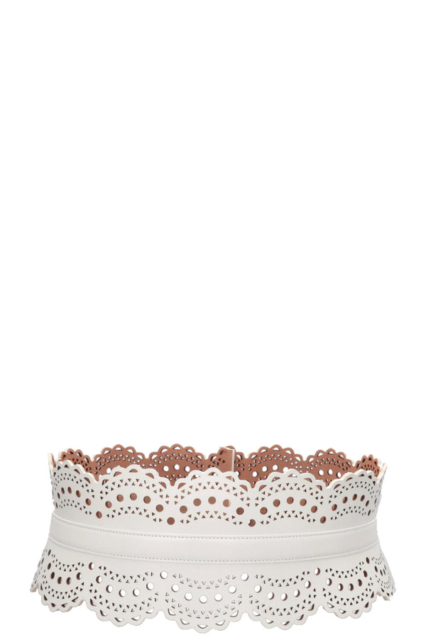 ALAÏA Ceinture en cuir blanc découpée au laser