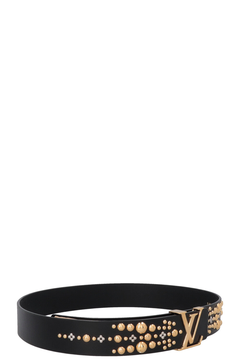 Ceinture LOUIS VUITTON noire à initiales LV cloutées.