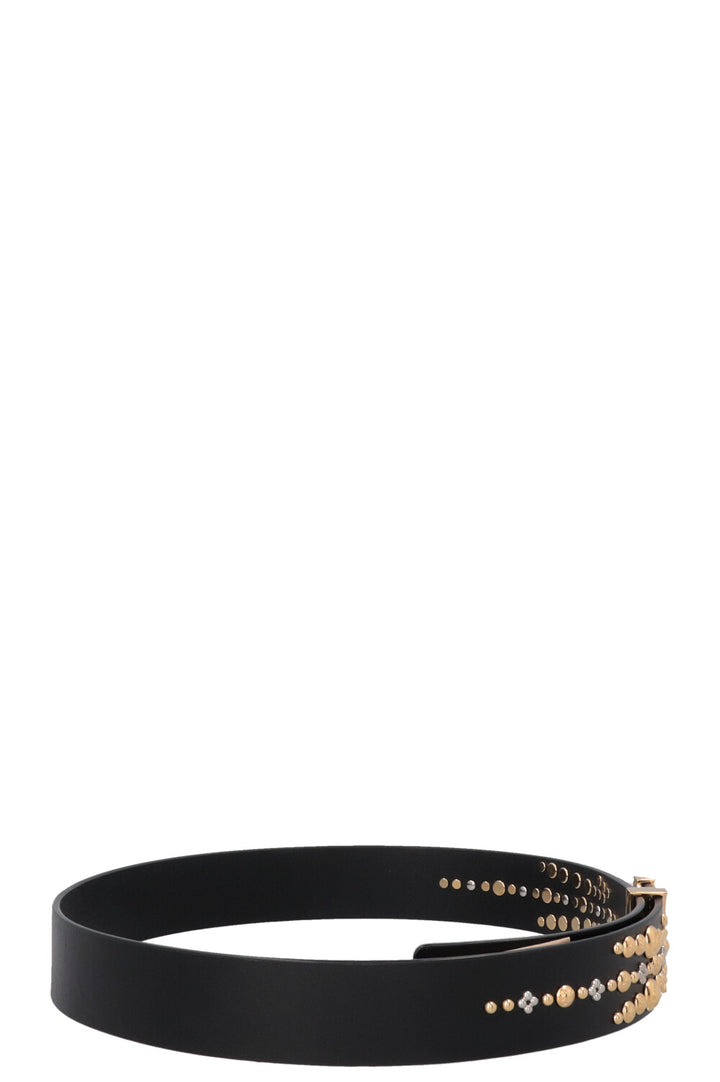 Ceinture LOUIS VUITTON noire à initiales LV cloutées.