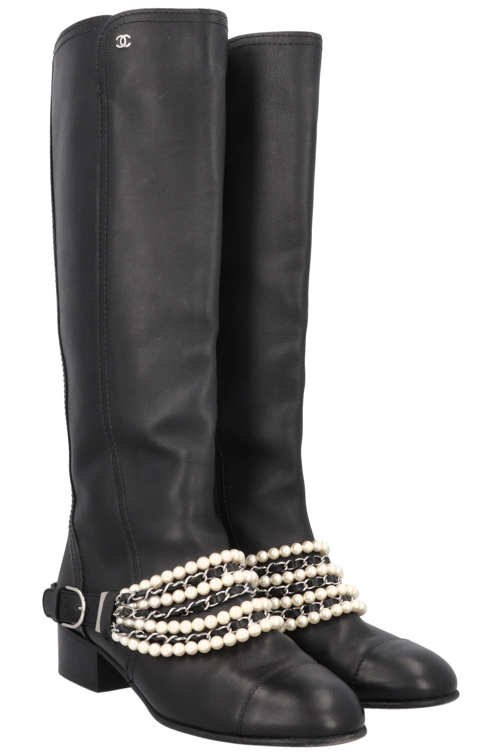 CHANEL 2018 Pearl Knee High Riding Boots Black