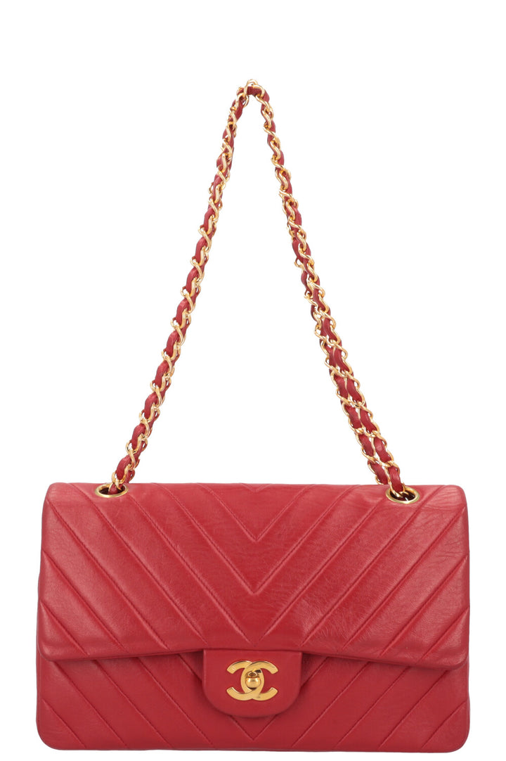 CHANEL Chevron Double Flap Bag Leather Red