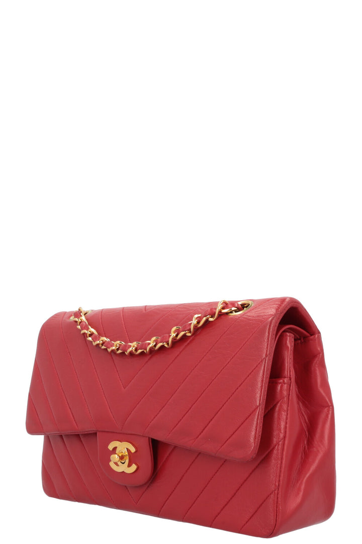 CHANEL Chevron Double Flap Bag Leather Red