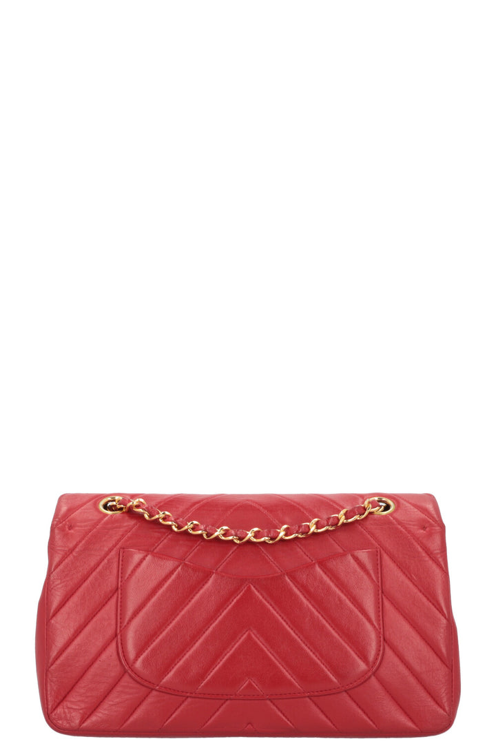 CHANEL Chevron Double Flap Bag Leather Red