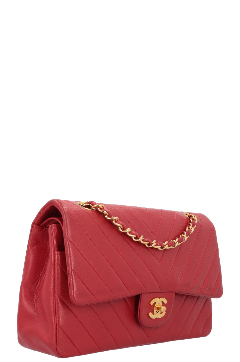 CHANEL Chevron Double Flap Bag Leather Red