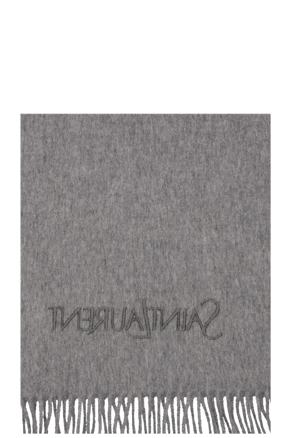 SAINT LAURENT Embroidered Fringed Scarf Cashmere Gray