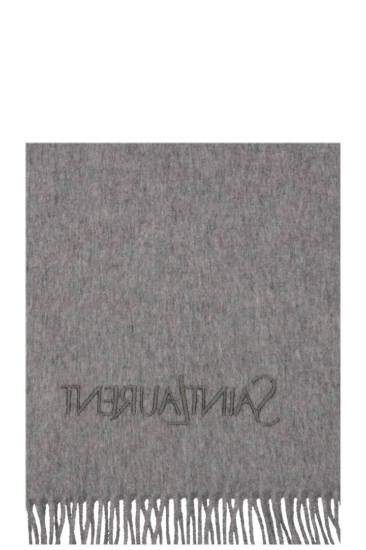 SAINT LAURENT Embroidered Fringed Scarf Cashmere Gray
