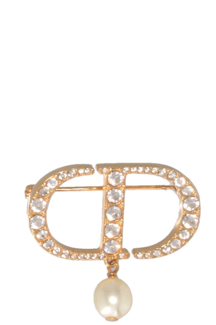 CHRISTIAN DIOR CD Crystal Pearl Brooch Gold