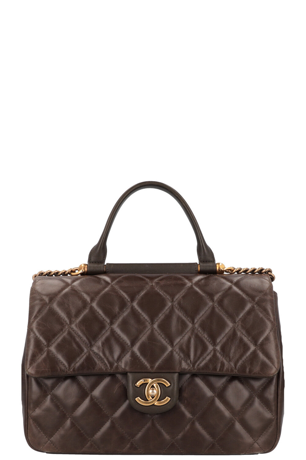 CHANEL Top Handle Single Flap Bag Khaki