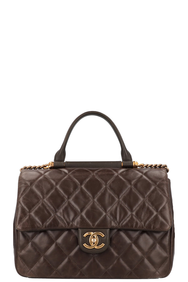 CHANEL Top Handle Single Flap Bag Khaki
