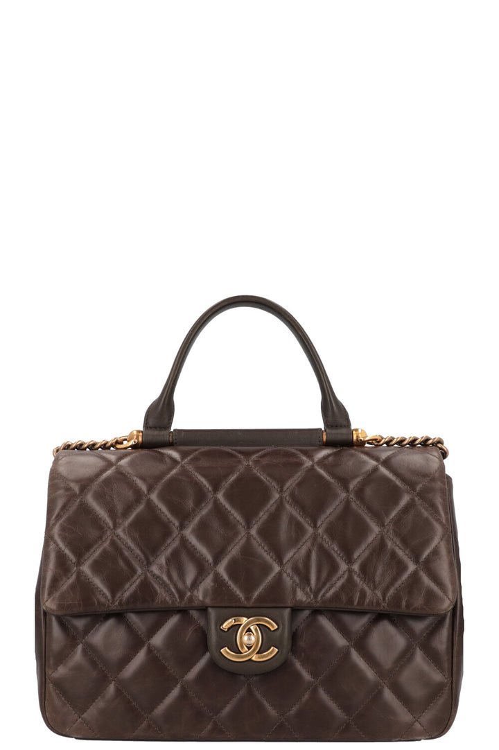 CHANEL Top Handle Single Flap Bag Khaki