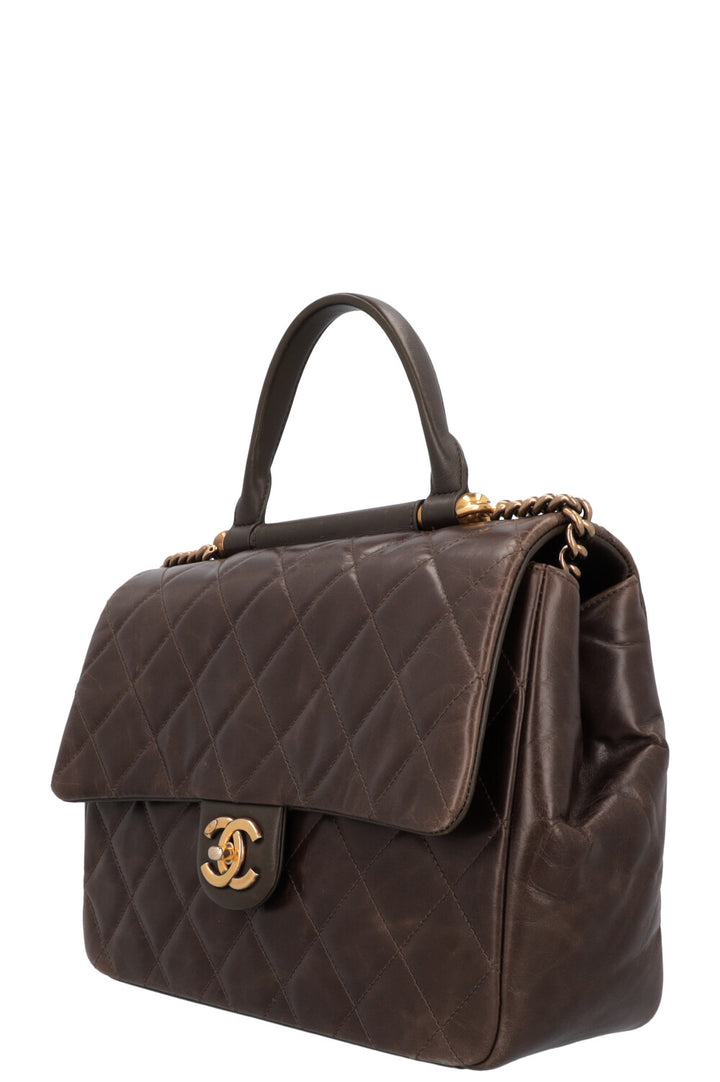 CHANEL Top Handle Single Flap Bag Khaki