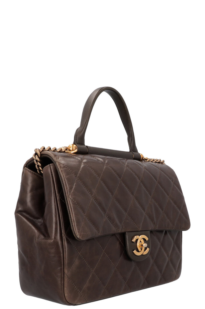 CHANEL Top Handle Single Flap Bag Khaki