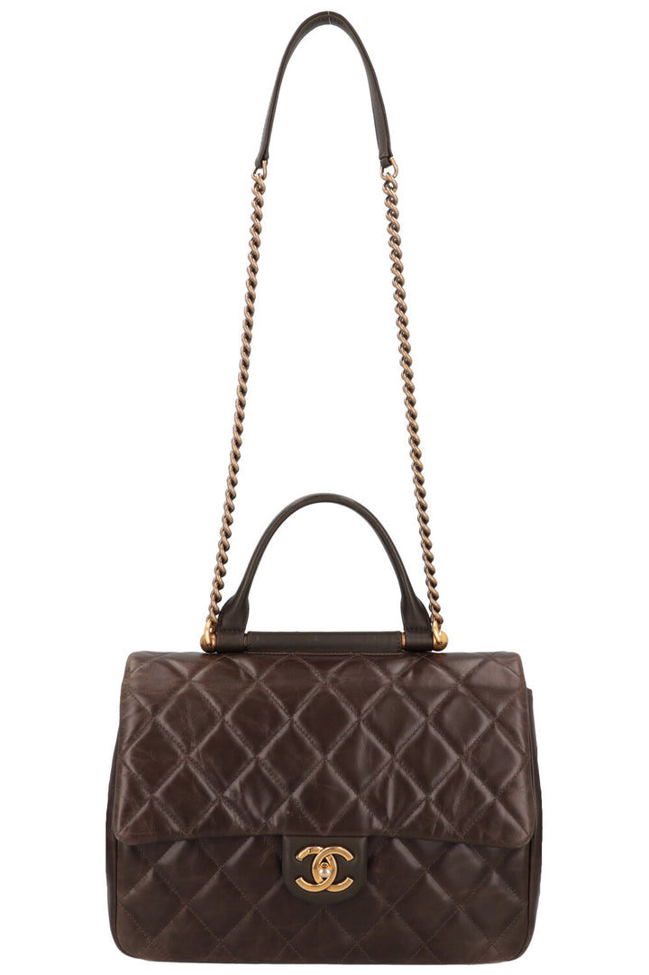 CHANEL Top Handle Single Flap Bag Khaki