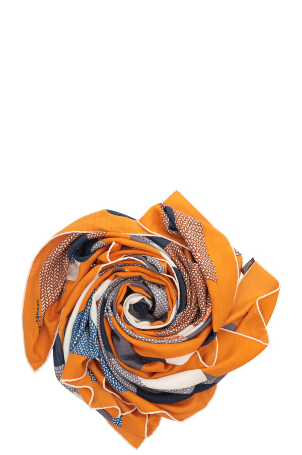 HERMÈS Mon Premier Galop Scarf 140 Cashmere Orange Navy