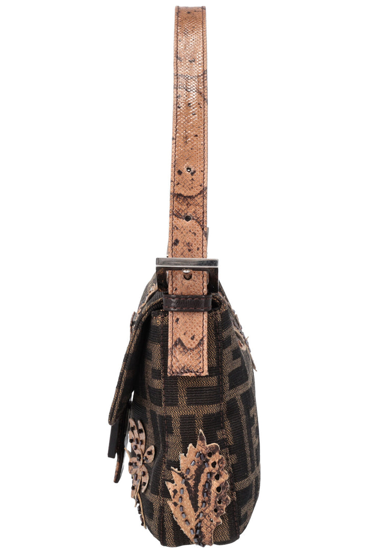 FENDI Zucca Floral Embrodiered Baguette Shoulder Bag Print Canvas