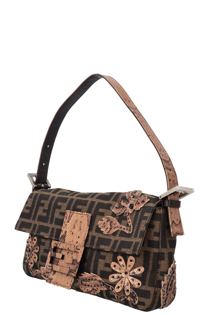 FENDI Zucca Floral Embrodiered Baguette Shoulder Bag Print Canvas