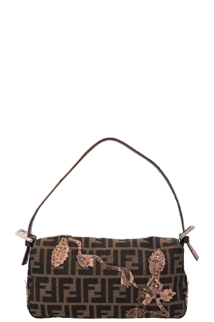FENDI Zucca Floral Embrodiered Baguette Shoulder Bag Print Canvas
