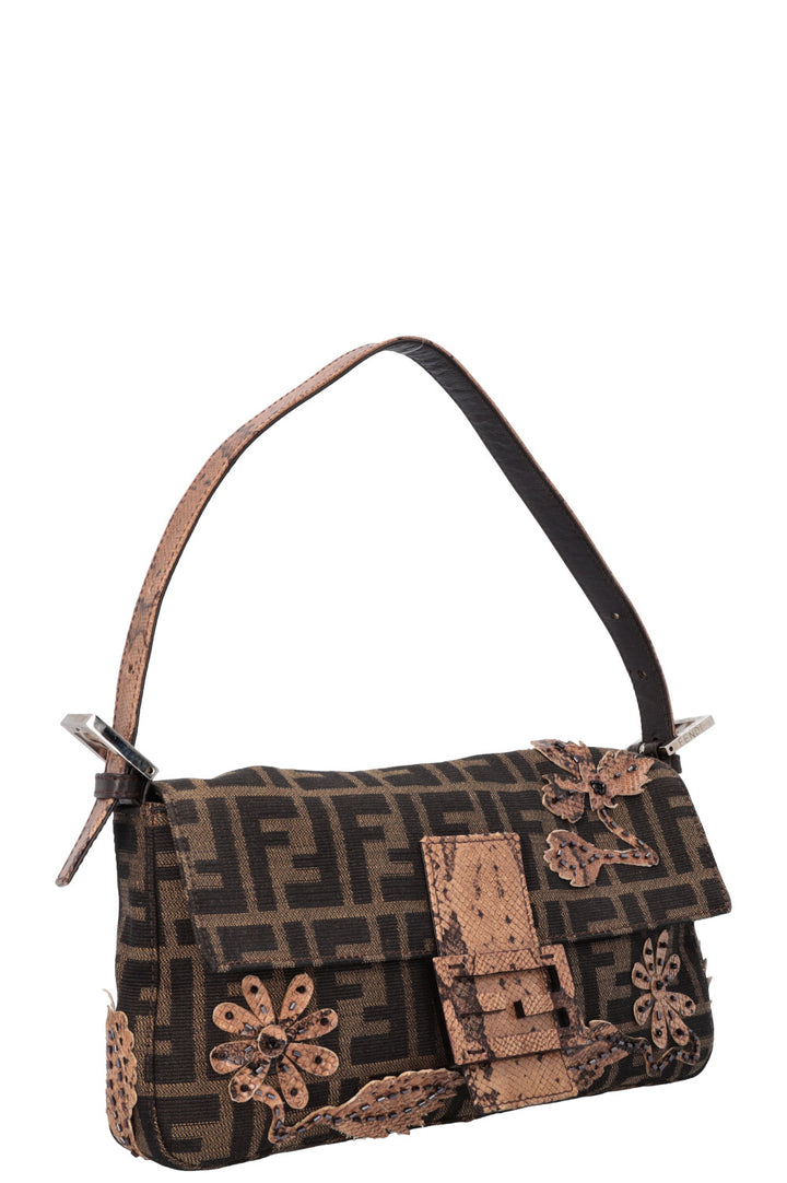 FENDI Zucca Floral Embrodiered Baguette Shoulder Bag Print Canvas