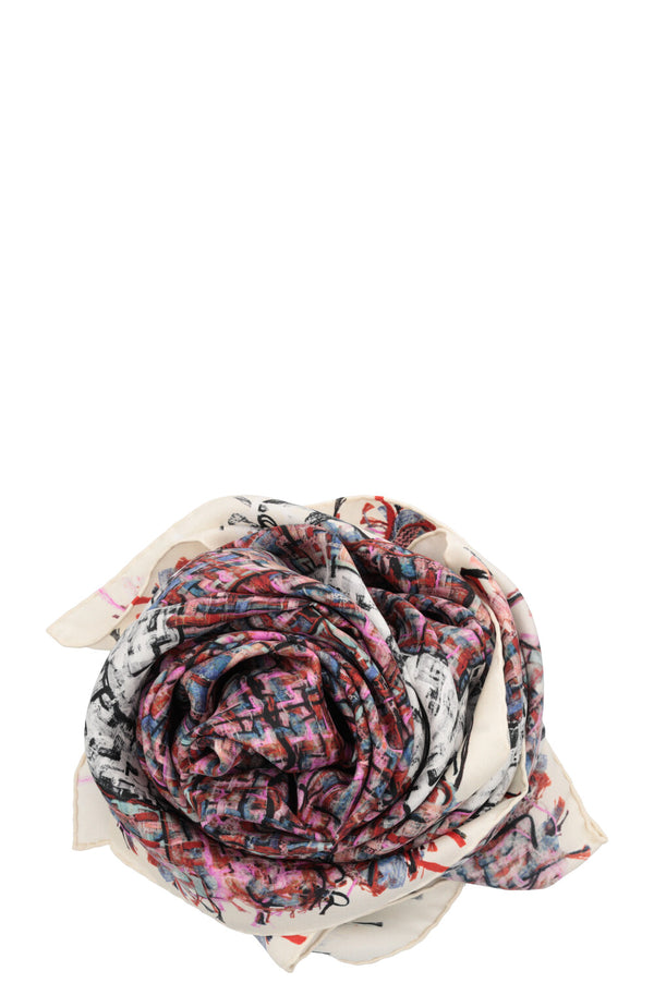 CHANEL Tweed Print Scarf Silk Pink White
