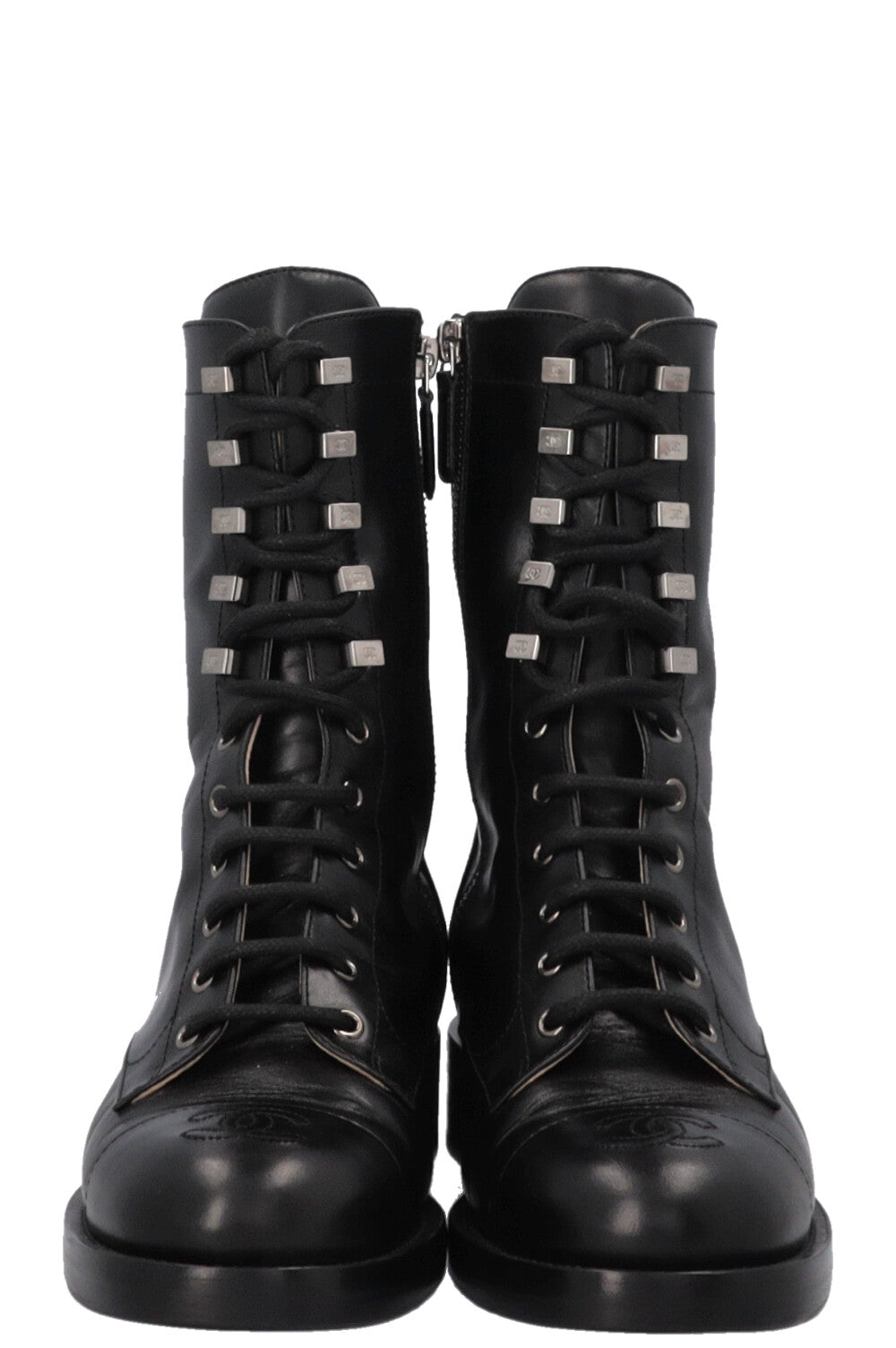 CHANEL CC Lace Up Ankle Boots Black