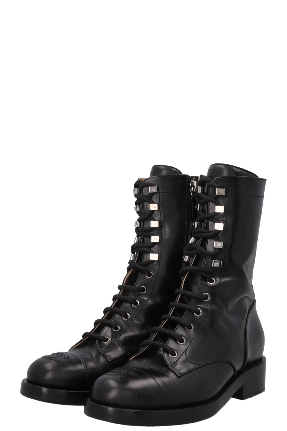 CHANEL CC Lace Up Ankle Boots Black