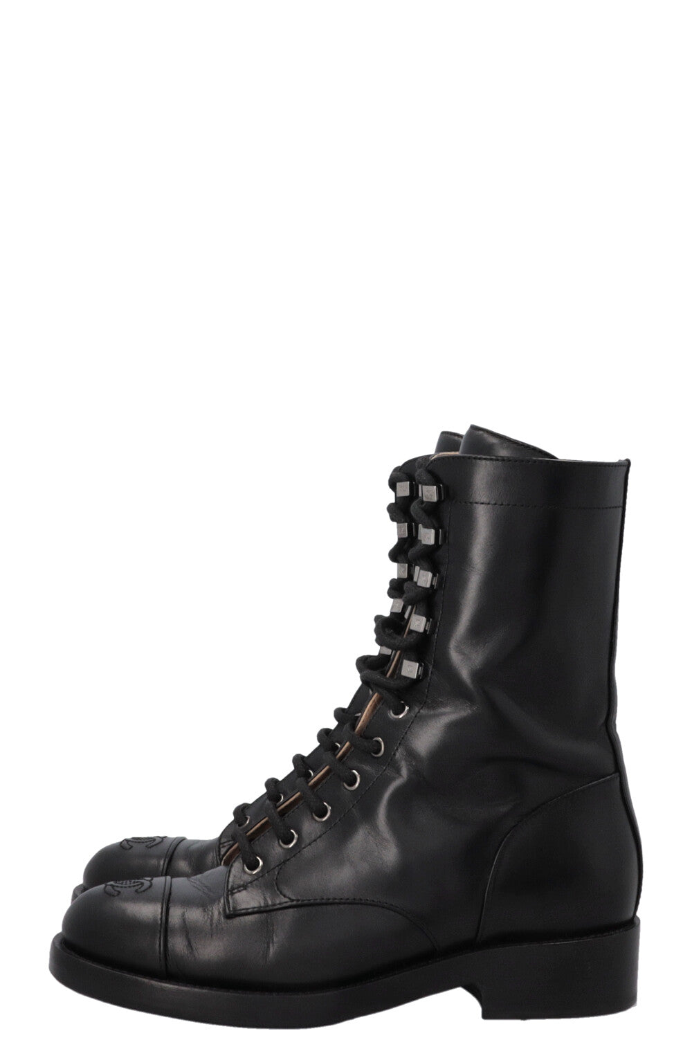 CHANEL CC Lace Up Ankle Boots Black