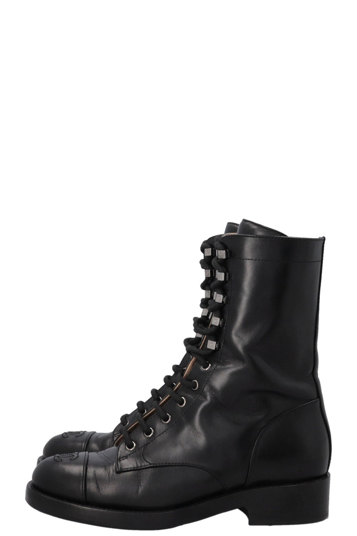 CHANEL CC Lace Up Ankle Boots Black