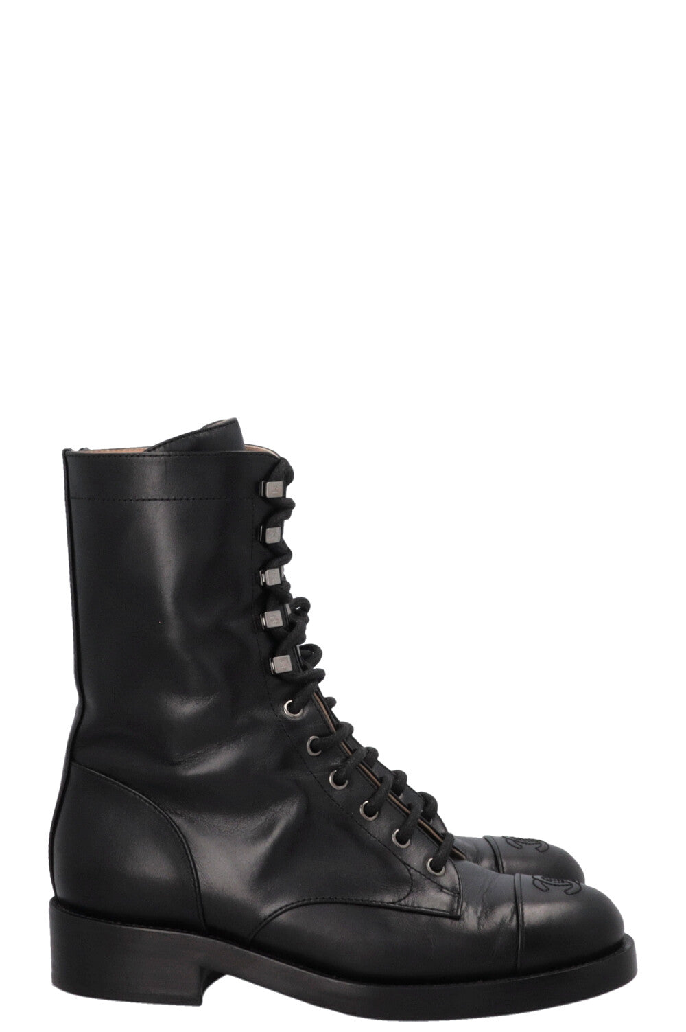 CHANEL CC Lace Up Ankle Boots Black