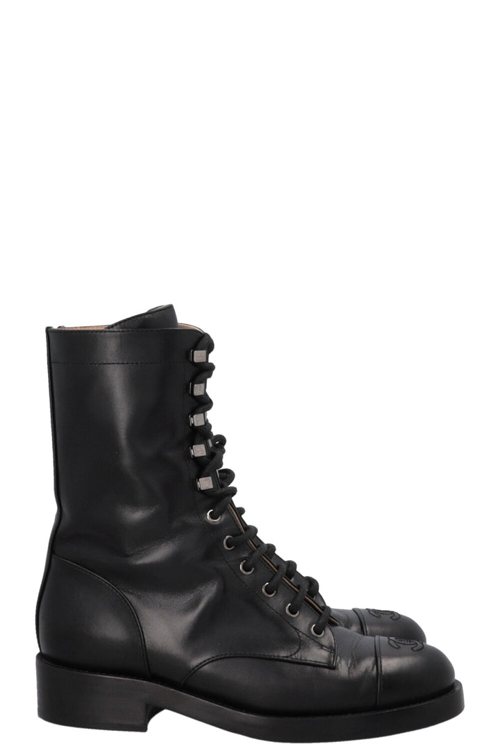 CHANEL CC Lace Up Ankle Boots Black