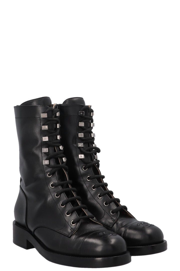 CHANEL CC Lace Up Ankle Boots Black
