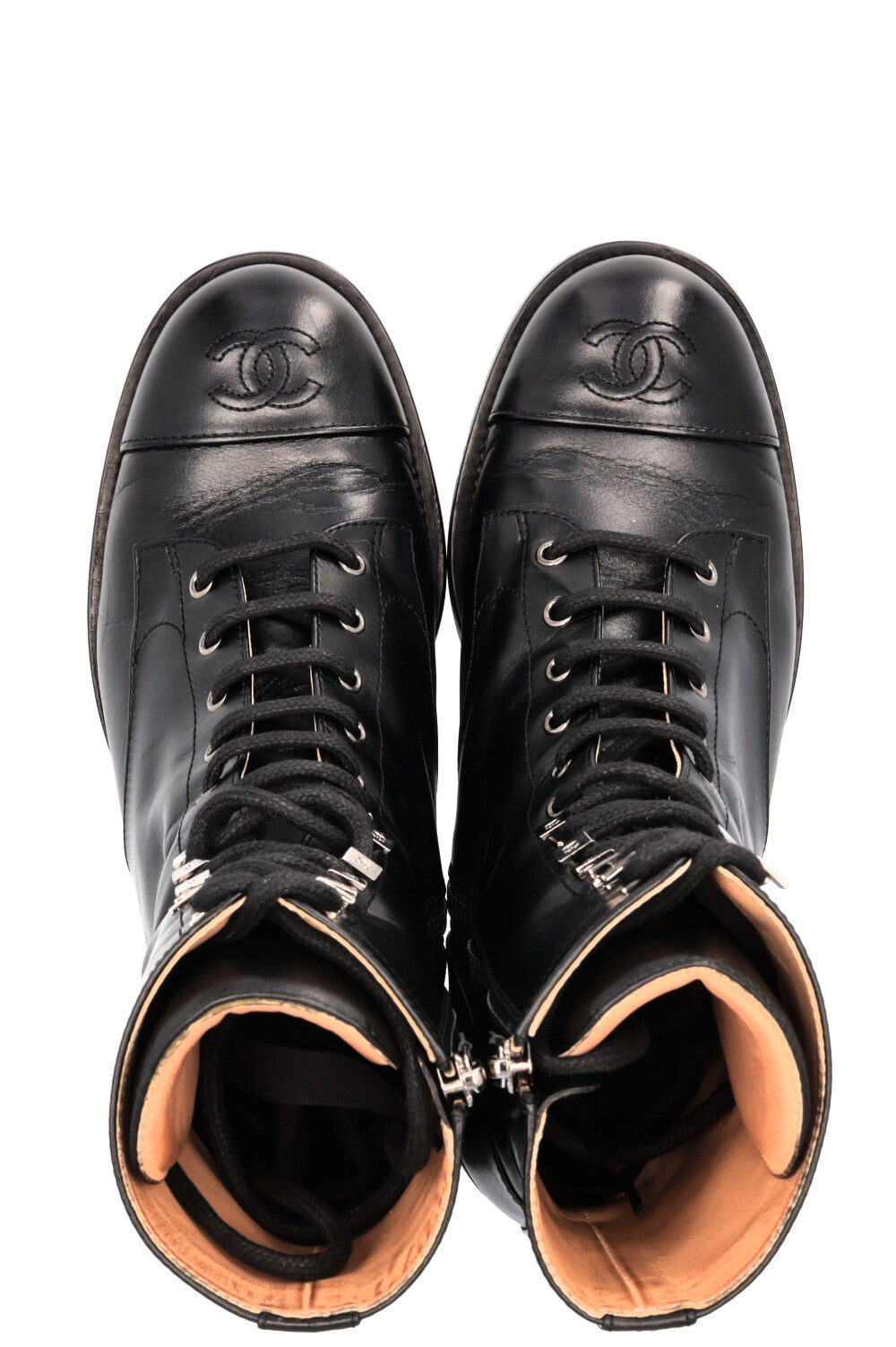 CHANEL CC Lace Up Ankle Boots Black