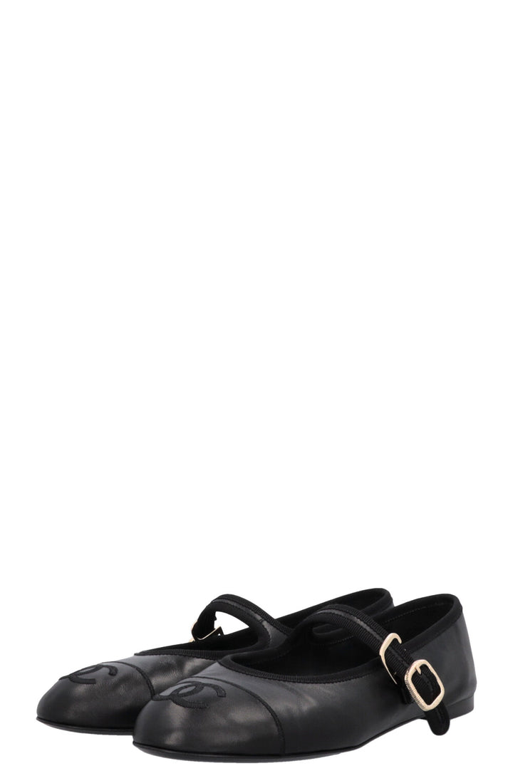 CHANEL CC Mary Jane Ballet Flats Leather Black