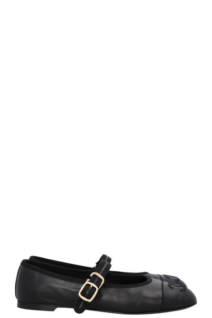 CHANEL CC Mary Jane Ballet Flats Leather Black