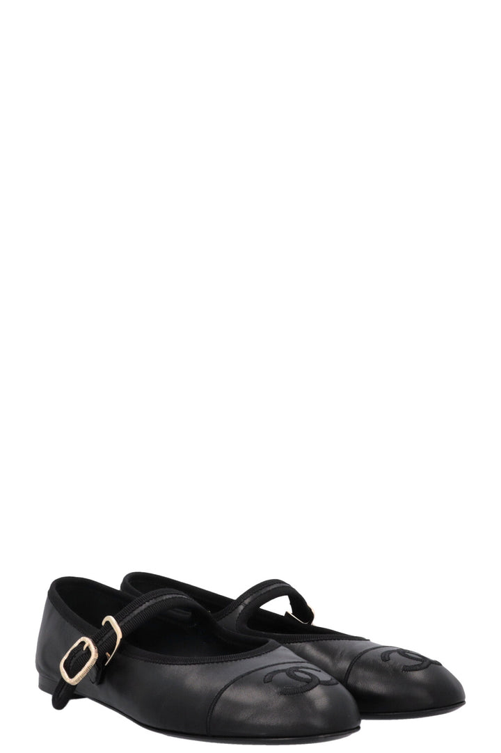 CHANEL CC Mary Jane Ballet Flats Leather Black