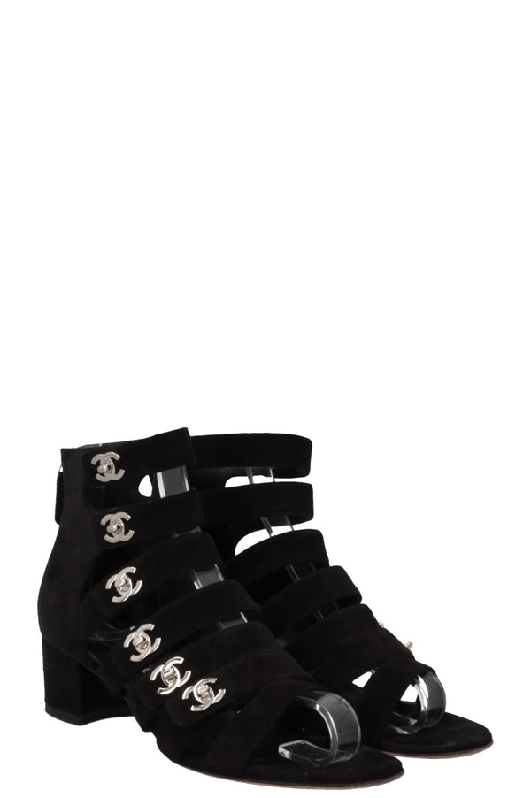 CHANEL CC Turnlock Sandals Suede Black