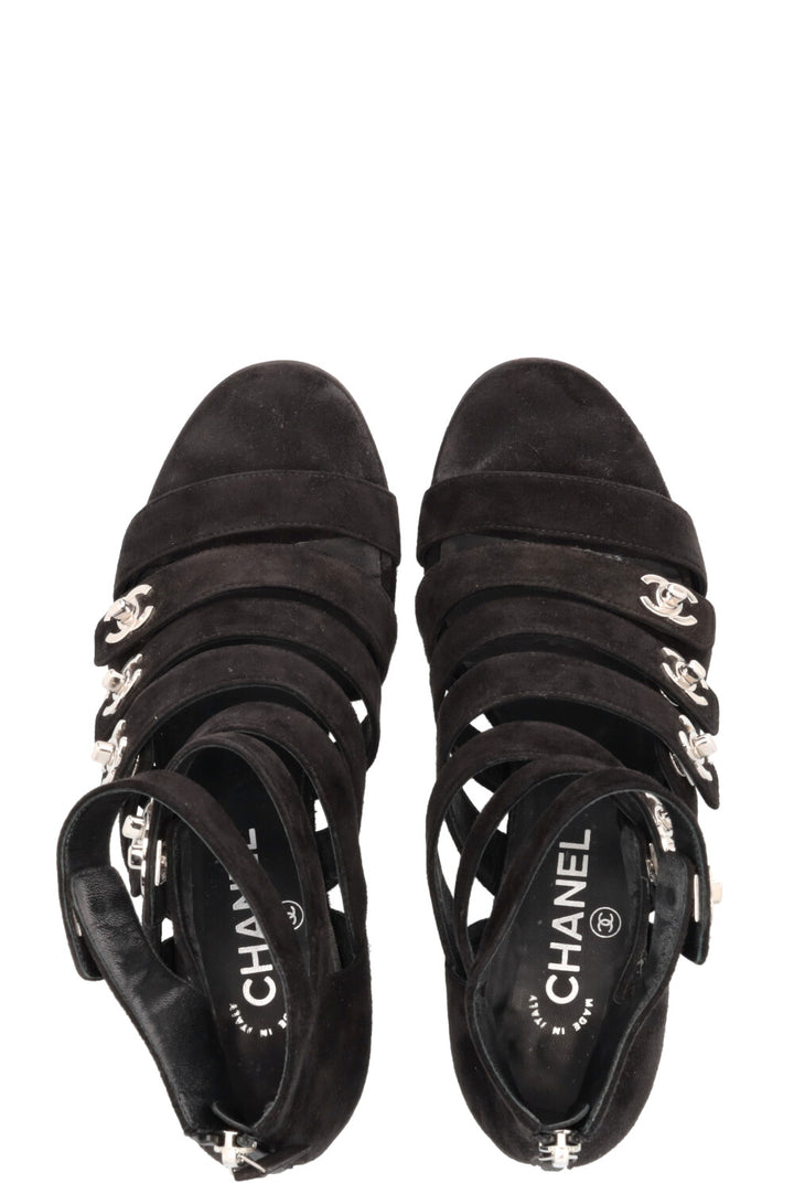 CHANEL CC Turnlock Sandals Suede Black