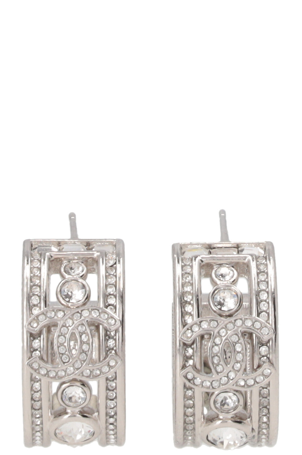 CHANEL CC Hoop Earrings Crystals Silver