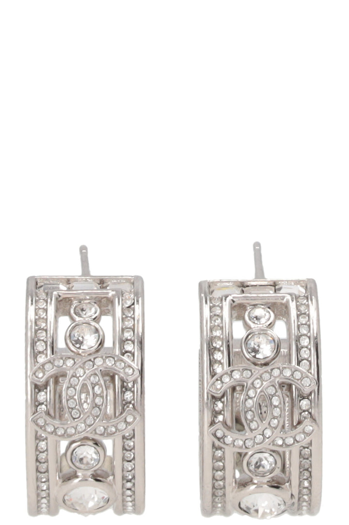 CHANEL CC Hoop Earrings Crystals Silver