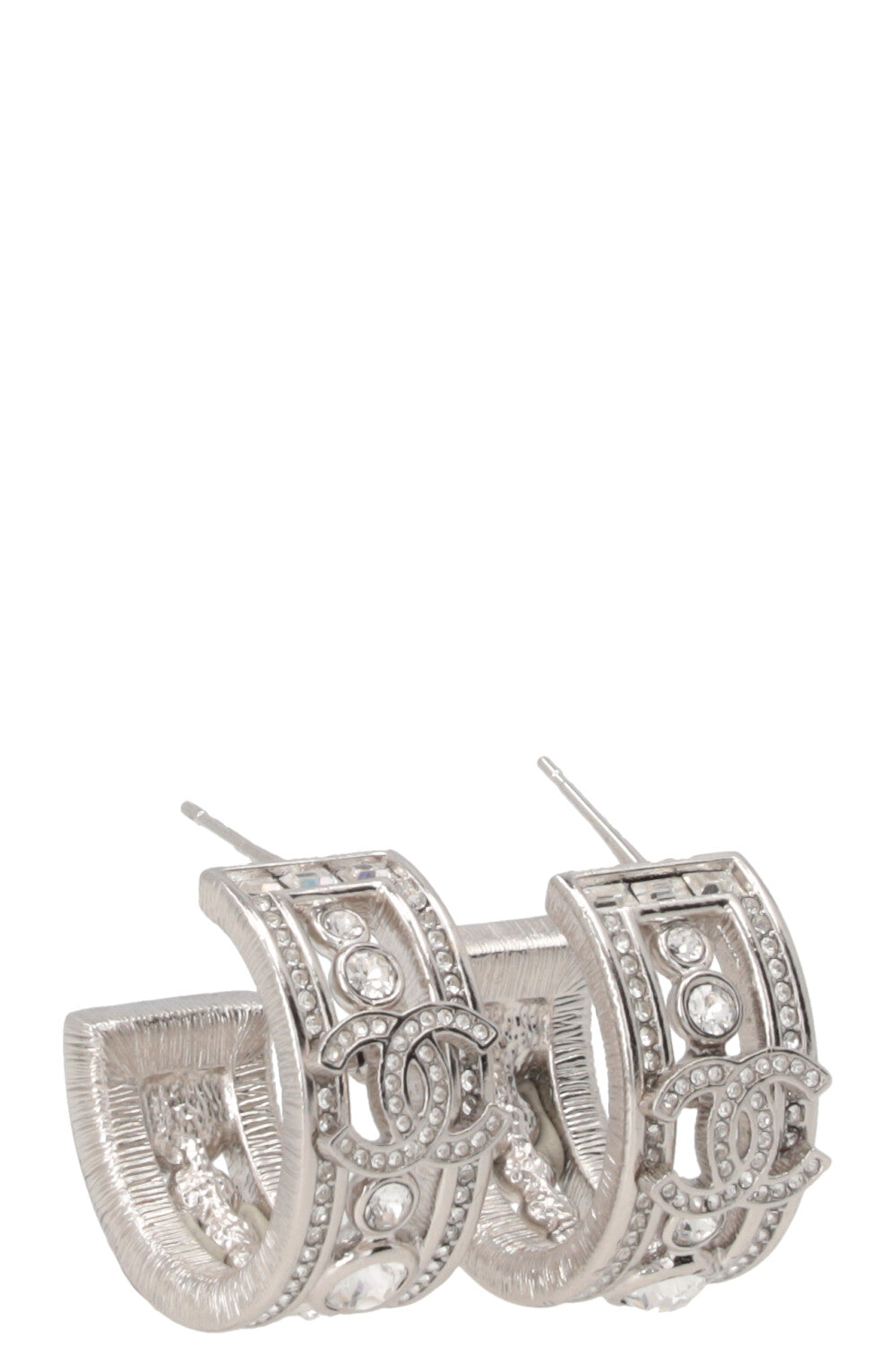 CHANEL CC Hoop Earrings Crystals Silver