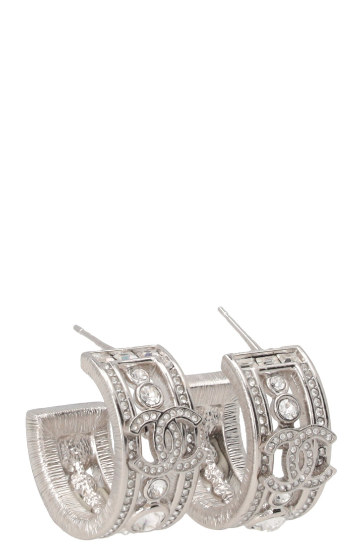 CHANEL CC Hoop Earrings Crystals Silver