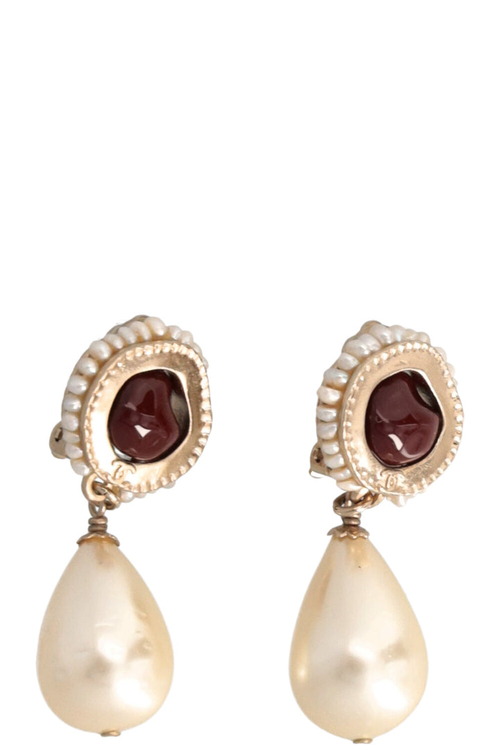 CHANEL Drop Pearl Ear Clips MOP Red