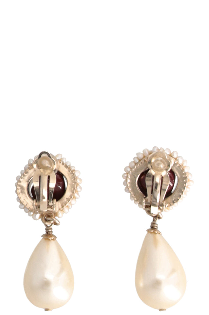 CHANEL Drop Pearl Ear Clips MOP Red