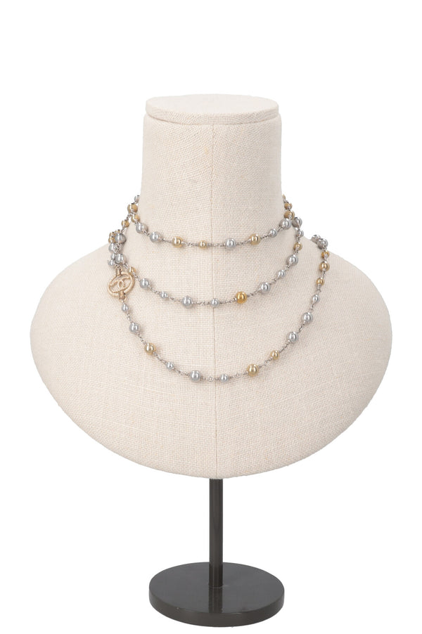 CHANEL 2016 Long Pearl Necklace Gold Silver